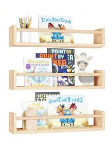 3pcs Natural Wood Children's Wall-Mounted Picture Book Shelf, Wall Storage Bookshelf - Khaki - View 4