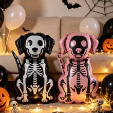 1/2pcs Halloween Skeleton Dog Foil Balloon, Black And White Skeleton Puppy Aluminum Balloon, Halloween Theme Party Decoration, Ghost Pet Dog Shaped Balloon, Halloween Background Photo Prop, Home Yard Indoor Outdoor Decoration, Halloween Eve Party Supplies - Skeleton Dog - View 1