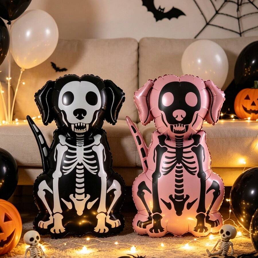 1/2pcs Halloween Skeleton Dog Foil Balloon, Black And White Skeleton Puppy Aluminum Balloon, Halloween Theme Party Decoration, Ghost Pet Dog Shaped Balloon, Halloween Background Photo Prop, Home Yard Indoor Outdoor Decoration, Halloween Eve Party Supplies - Skeleton Dog - View 1