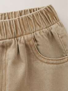 1pc Girls Heart Embroidered Frayed Hem Wide Leg Denim Jeans, Elastic Waist Loose Casual Long Pants, Sweet Fashion Style - Khaki - View 4