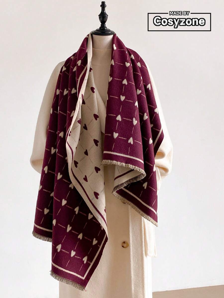 1pc Faux Cashmere Elegant Heart Pattern Jacquard Warm Scarf For Women, Air Conditioning Room Blanket, Autumn/Winter Outdoor Travel Cold Protection Neck Warmer, Soft Decorative Scarf Shawl Dual-Use, Suitable For Daily Matching, First Choice For Gift Giving - Burgundy - View 1