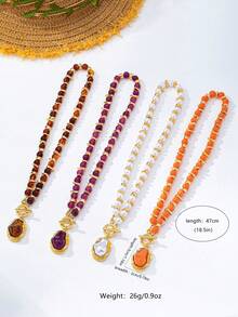 1pc Fashionable Minimalist High-Intellect Style Beaded Asymmetric Pearl Pendant Necklace, Suitable For Women's Daily, Work, Party And Holiday Wear - Orange - View 4