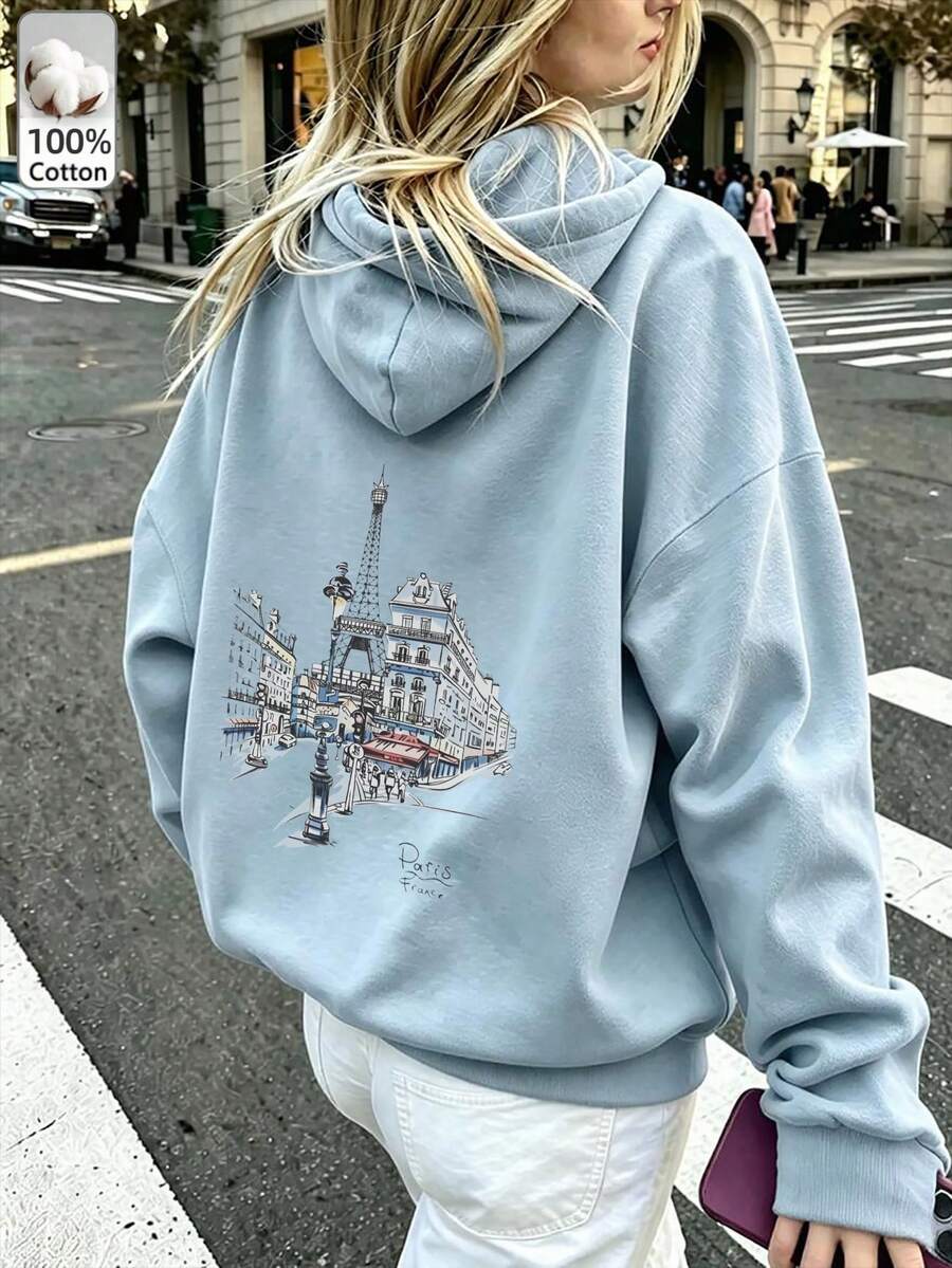 Oversized Women's Sweatshirt For Autumn/Winter, Long-Sleeve Hoodie With Pockets, Casual Top, Y2K Style, Daily Letter Graphic Print, Unisex, Streetwear - Light Blue - View 1