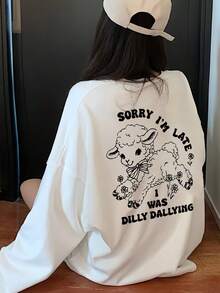 女款時尚秋冬寬鬆百搭字母與卡通羊印花長袖T恤休閒風 - 白色 - 查看 3