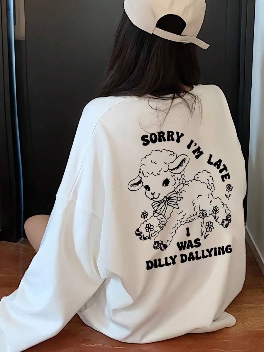 Women's Fashion Autumn/Winter Loose Versatile Letter & Cartoon Sheep Print Long Sleeve T-Shirt Casual - White - View 1