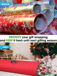 1pc Oxford Cloth Christmas Gift Packaging Storage Bag, Red Wrapping Paper Storage Bag With Green Handle, Easy-To-Carry Cylindrical Container - Multicolor - View 5