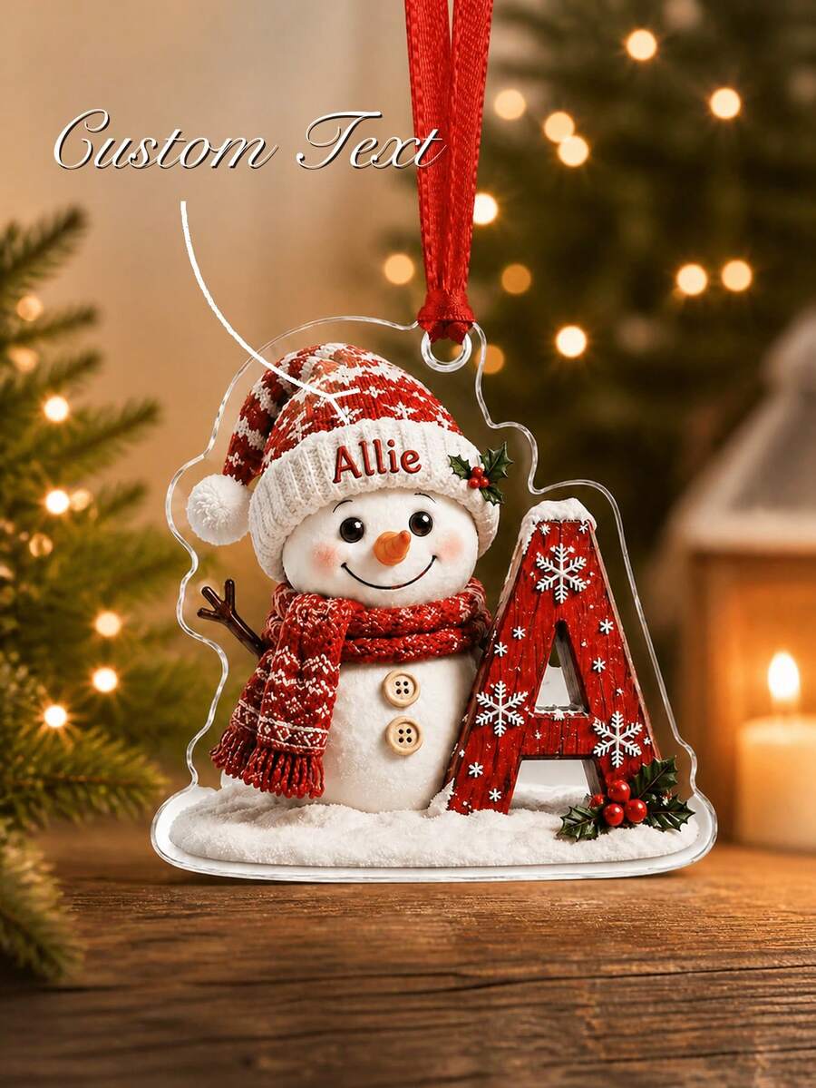 1pc Custom Text Snowman With Initial Letter Christmas Hanging Ornament, Knit Hat Scarf Snowman, Snowflake Holly Berry Decor, Personalized Custom Name, Christmas Tree Ornament, Christmas Gift, Custom Souvenir Gift For Family Friends - Multicolor - View 1