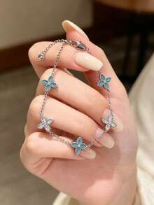 1pc Silver Tone Adjustable Clover Bracelet For Women,Hypoallergenic Dainty Stackable Jewelry Gift - Silver Cubic Zirconia Four-leaf Clover Bracelet - View 3