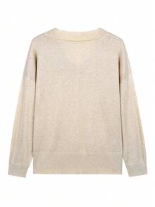 Plus Size Women Solid Color V-Neck Drop Shoulder Long Sleeve Casual Loose Knit Sweater, Autumn/Winter Fall - Light Yellow - View 5