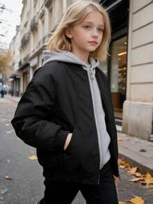 Girls' Spring/Autumn/Winter 2-In-1 Hooded Baseball Jacket, Street Style English Embroidery Patchwork Hoodie, Casual Thickened Jacket Outerwear, Ages 8-13 - Black - View 2