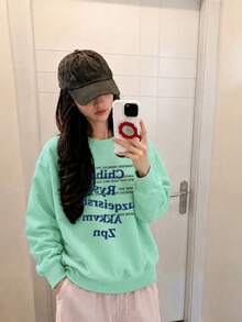 American Brand Letter Print Crew Neck Sweatshirt For Women, Autumn/Winter New Slouchy Loose Versatile Mint Green Top - Mint Green - View 4