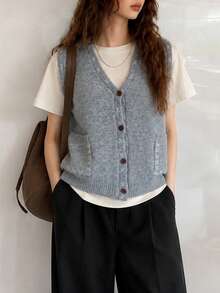 Women's Autumn/Winter Minimalist Casual Colorblock Detail V-Neck Cardigan Sweater Vest Top - Light Grey - View 1