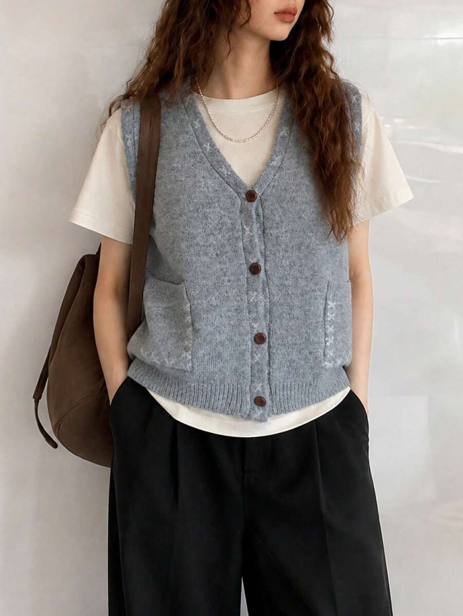 Women's Autumn/Winter Minimalist Casual Colorblock Detail V-Neck Cardigan Sweater Vest Top - Light Grey - View 1