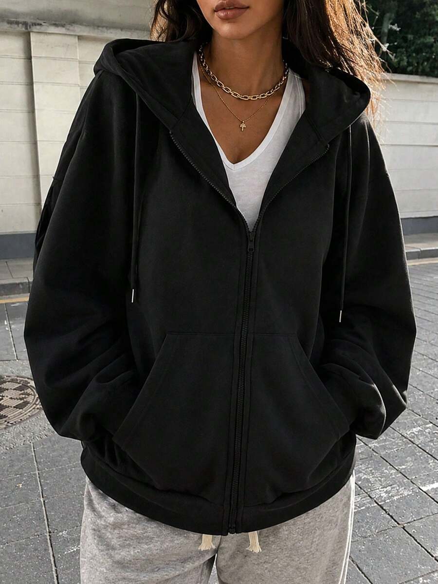 女士连帽拉链卫衣,春夏健身服,纯色短款卫衣,适合健身房、户外活动和休闲街头穿着,黑色运动款 - 黑色 - 查看 1