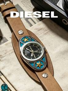 DIESEL Vintage Distressed Watch With Turquoise Star Decor, Brown Wide Leather Strap, Unique Niche Wristwatch - Black - View 5