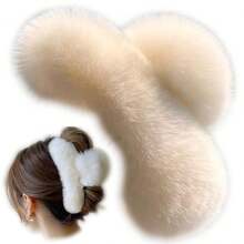 Women's Large Faux Fur Hair Claw Clip, 5.1 Inch Winter Fluffy Plush Hair Clip, Non-Slip Strong Grip Fuzzy Large Opening Clip, Suitable For Thick Long Hair (Cream/Milk Tea Color) - Multicolor - View 2