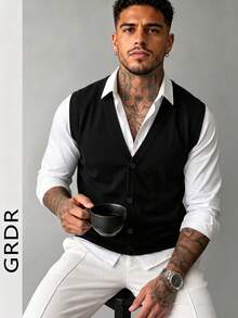GRDR Men's V-Neck Cardigan Vest Button-Up Sweater Jacket, Fine Knit Fabric, Casual Outerwear Layering Piece, Knit Cardigan Top - Black - View 12