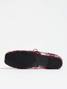 Women's Burgundy Flat Ballet Shoes With Bow Decor, Embroidered Mesh Hollow Out Breathable Square Toe Sequin Comfortable Mary Jane Sandals For Summer - Burgundy - View 9