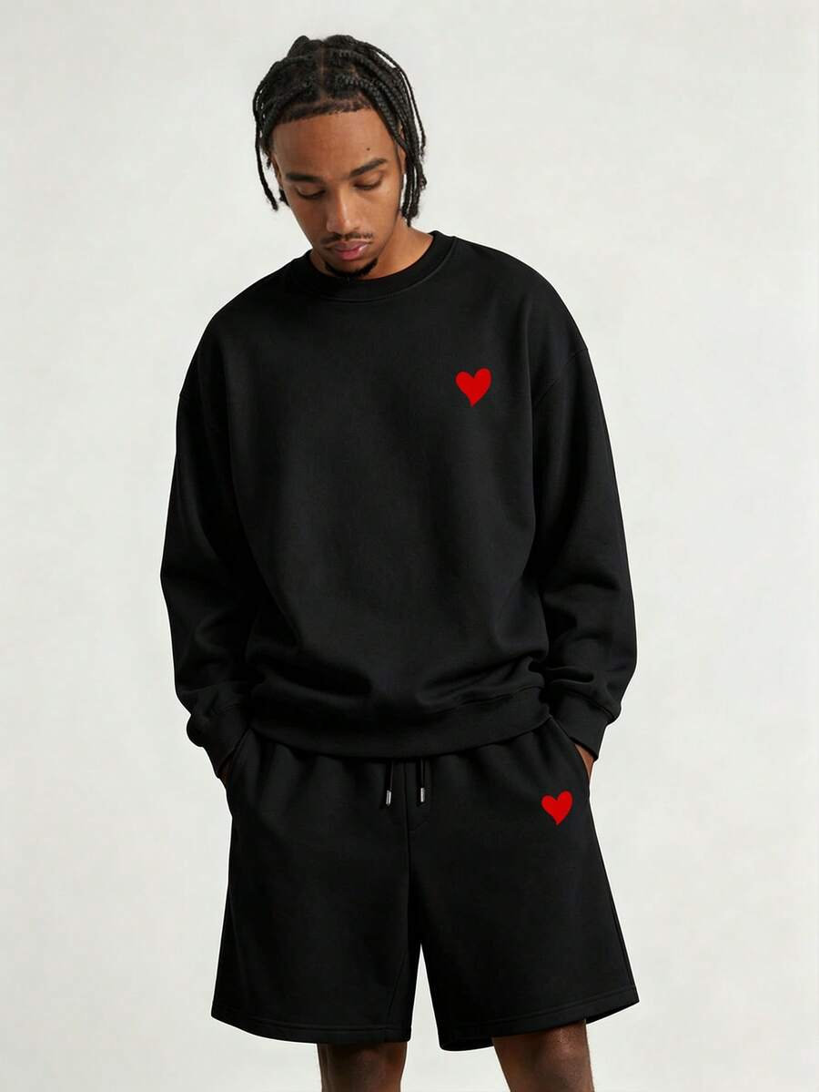 Set Kasual Pria Musim Semi/Gugur Minimalis Motif Hati dan Huruf, Terdiri dari Sweatshirt Lengan Panjang dan Celana Pendek. - Hitam - View 1
