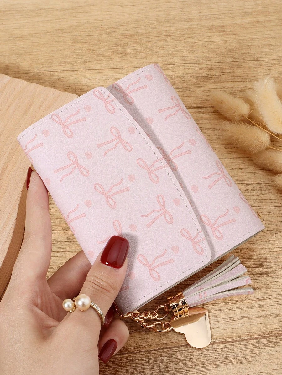 Fashion Bow Printed Women's Short Wallet, Portable Metal Heart-Shaped Tassel Decoration Three Fold Wallet, Suitable For Outdoor And Travel - Pink - View 1