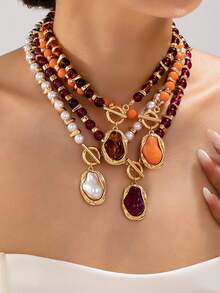 1pc Fashionable Minimalist High-Intellect Style Beaded Asymmetric Pearl Pendant Necklace, Suitable For Women's Daily, Work, Party And Holiday Wear - Orange - View 2