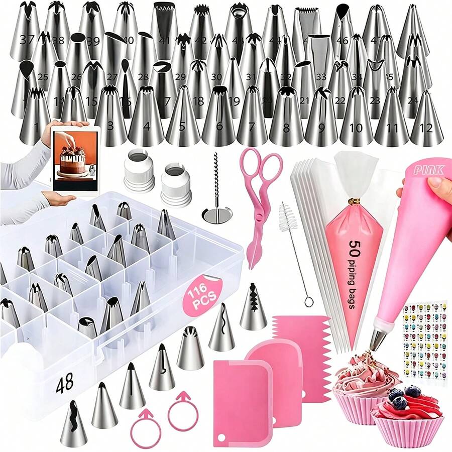 116pcs Cake Decorating Supplies Set, Stainless Steel Piping Tips, Piping Bags, Scraper, With Storage Box, Suitable For Home Cake And Cupcake Decoration - View 1