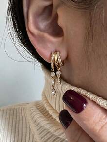 rundraw Women's Draped, Exquisite Gold Water Drop, Long, Fashion Hypoallergenic Dangle Earrings, Delicate Triple Hoop Earrings, Fashion Jewelry - Gold - View 1