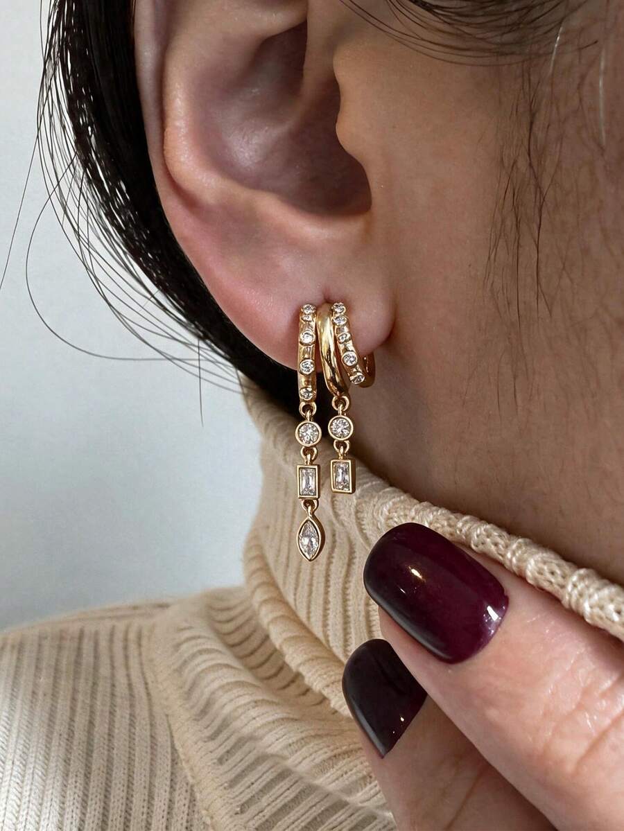 rundraw Women's Draped, Exquisite Gold Water Drop, Long, Fashion Hypoallergenic Dangle Earrings, Delicate Triple Hoop Earrings, Fashion Jewelry - Gold - View 1