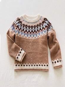 Women's Vintage Fair Isle Pattern Long Sleeve Pullover Sweater, Knitted Medium Stretch Regular Fit Winter Knitwear - Khaki - View 4