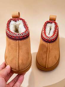 1 Pair Children's Woven Lace Snow Boots, Thickened Thermal Lined, Simple Fashion Soft Sole Anti-Slip Warm Ankle Boots For Autumn/Winter - Brown - View 2
