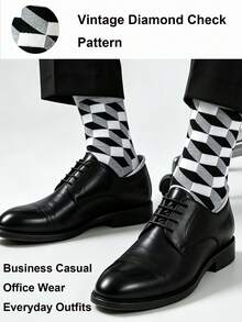 1/3/6 Pairs Men's Retro Geometric Argyle Mid-Calf Socks, Soft Breathable Classic Color Block Design Dress Socks, Suitable For Daily Casual Wear And Office - Multicolor - View 6