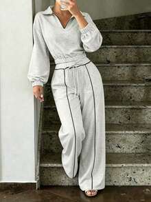 RNU Women's Light Gray Lapel Half-Zip Sweatshirt 2 Pieces Set, Autumn/Winter Style, Cropped Waist Top With Contrast Color Drawstring Wide Leg Pants, Side Pockets Design, Loose Lantern Sleeves, Casual American Style, Comfortable For Daily Wear, Shopping And Home - Light Grey - View 2