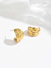 1 Pair Luxury 18K Gold Stainless Steel Wrinkled Studded Earrings With Unique Asymmetrical Texture Design, High-End Quality, Suitable For Women's Daily Commute, Versatile Choice - Earrings - View 5