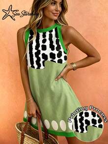 Starfish Shiny Sleeveless Vacation Dress, Colorful Fish & Letter Print Inspired By Ocean, For Spring/Summer Elegant - Green - View 2