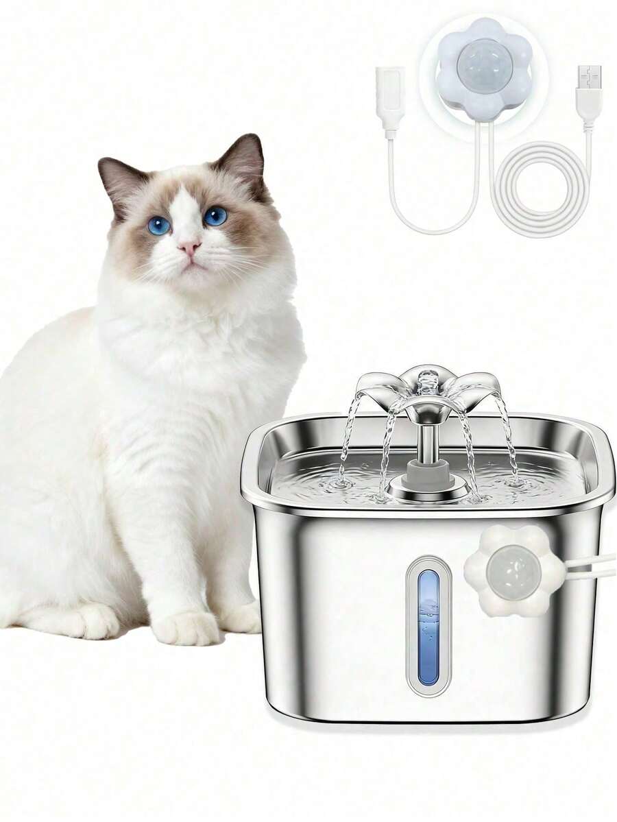 74.4oz/2.2L Automatic Pet Water Fountain/Water Dispenser Replacement Filter Cartridge Available Separately, Stainless Steel Cat Water Fountain With Window, Visible Water Level, USB Powered, With Replacement Filter Cartridge, Suitable For Small And Medium Cats And Dogs