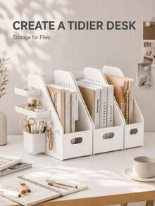 1pc White Multi-Grid Desktop File Organizer, Minimalist Modern Style Plastic Material, Slanted Opening Design, With Pegboard Side Hanging Basket, Multi-Functional Book File Stationery Storage Rack, Suitable For Study Office Daily Use, All Season - Multicolor - View 2