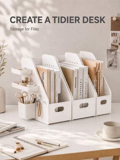1pc White Multi-Grid Desktop File Organizer, Minimalist Modern Style Plastic Material, Slanted Opening Design, With Pegboard Side Hanging Basket, Multi-Functional Book File Stationery Storage Rack, Suitable For Study Office Daily Use, All Season