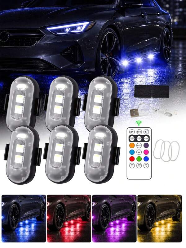 4pcs Wireless LED Light Strips - 8 Colors High Brightness Collision Avoidance Lighting, With Remote Control, USB Charging And Waterproof Design, Suitable For Car, Drone, Airplane, Motorcycle And Bicycle