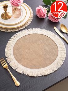 12pcs Natural Jute Tassel Placemats, Rustic Style Round Vase Mats, Washable, Easy To Clean, Wipeable, Non-Slip, Heat Resistant, Suitable For Room Decor, Dining Table Decor, Home Decor, Party Decor, Suitable For Holidays, Parties, Gatherings, Birthdays, Weddings, Gifts, Presents, Dinner, Outdoor, Picnic - Multicolor - View 9