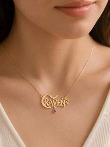 Personalized Gothic Custom Name Necklace, Halloween Bat & Moon Pendant, Customized Birthstone Gift - Multicolor - View 7