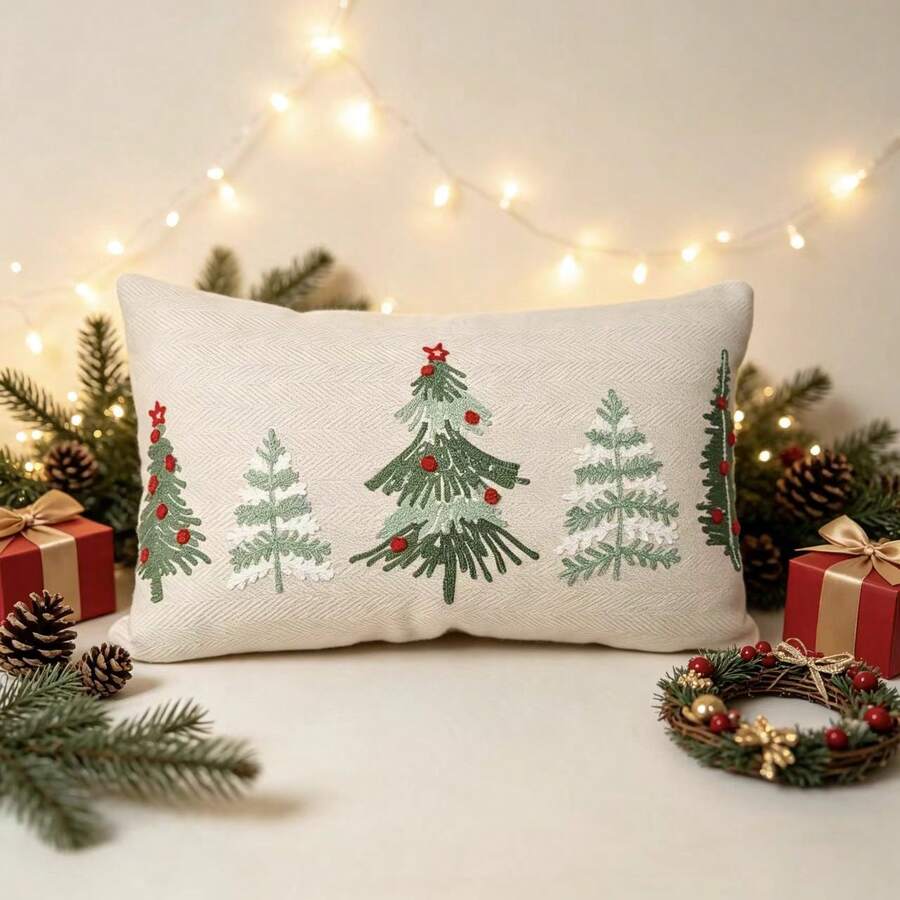LCUHPCL 1 buah Sarung Bantal Pohon Natal Bordir 3D Suasana Natal Musim Dingin, Kain Herringbone, Cocok Untuk Kamar Tidur, Ruang Tamu, Sofa, Pesta Sehari-hari Dan Berbagai Lingkungan