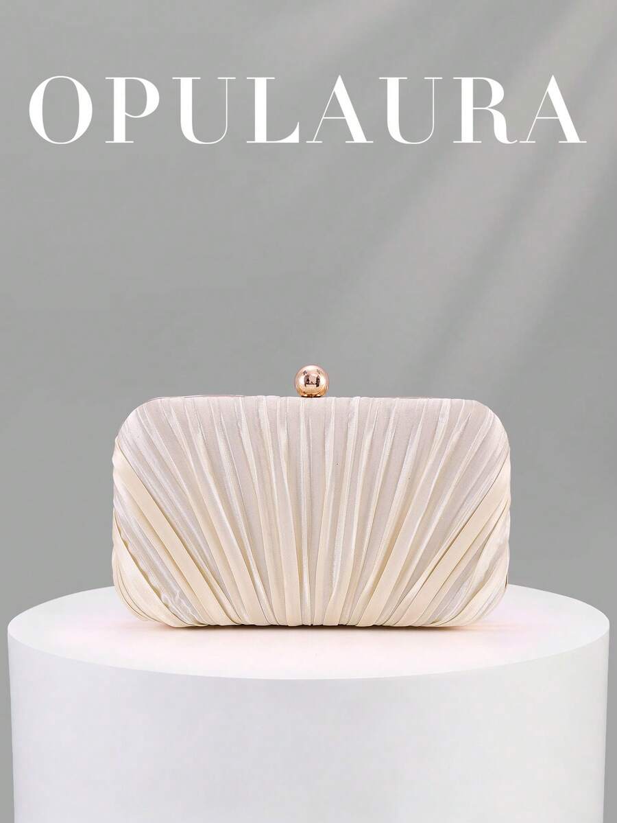 OpulAura 復古優雅緞面晚宴手拿包,百褶設計時尚晚禮服包,迷人精緻正式派對手提包,高端方盒小包,適合女性派對/婚禮/正式場合晚餐,附鏈條可肩背/斜跨 - 杏色 - 查看 1