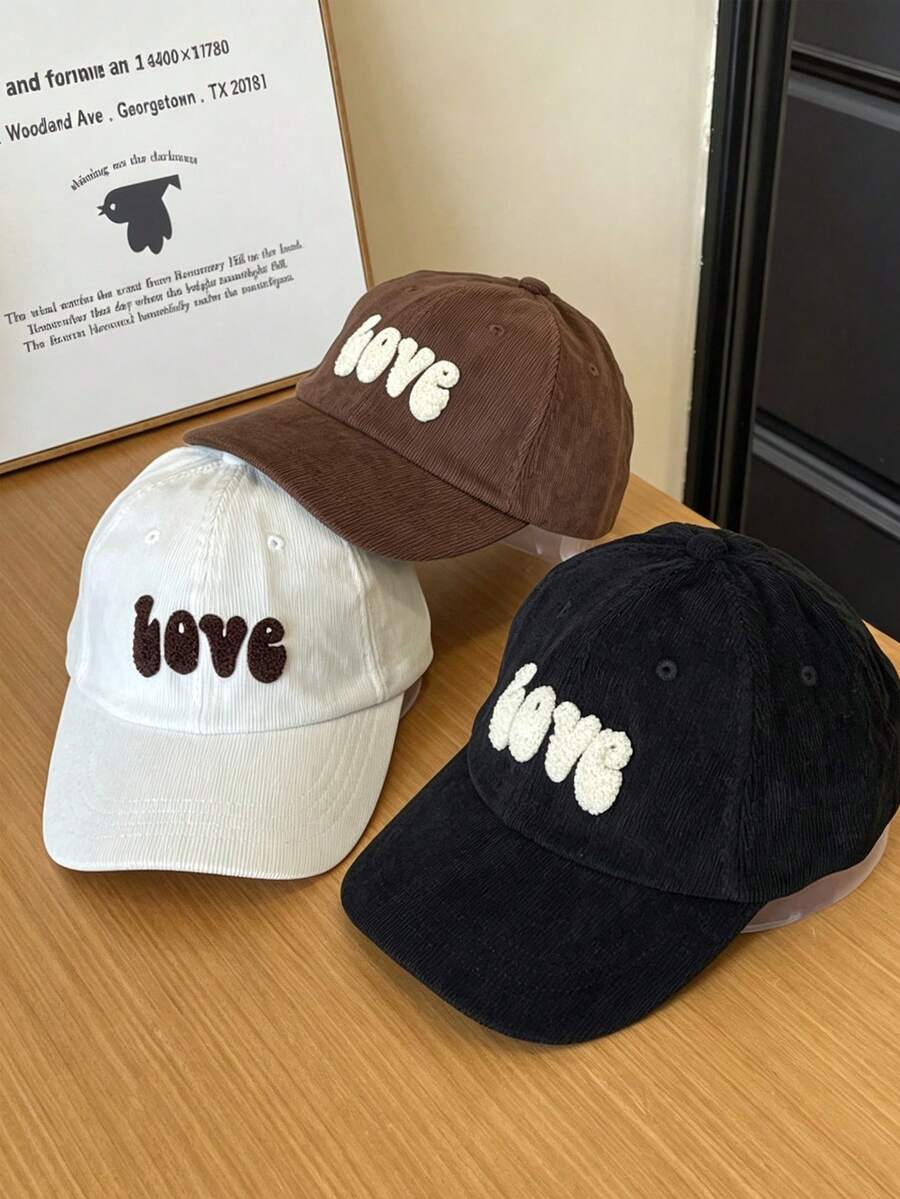 1pc New Autumn/Winter Corduroy Baseball Cap, 3D Love Towel Embroidery Casual Retro Street Style Baseball Cap - Multicolor - View 1