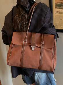 女款 Satchel 手提托特包，純色麂皮 PU 拼接材質，金屬鎖扣，長頂部手柄，大容量，復古風，適合辦公工作與日常通勤 - 咖啡 - 查看 10