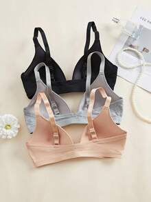 3pcs Women V-Neck Comfortable Colorful Casual Wireless Soft Cup Pure Cotton Solid Color Bras With Adjustable Straps - Multicolor - View 8