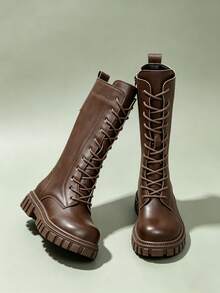 1 Pasang Sepatu Bot Tinggi, Bahan PU Lembut dengan Jahitan, Ujung Bulat, Sol Elastis Lembut, Tali Depan dengan Desain Resleting Sisi Dalam, Sepatu Bot Berkuda Tinggi Dasar yang Modis dan Lucu, Cocok untuk Pria dan Wanita, Mahasiswa, Kampus, Liburan, Pakaian Luar Ruangan, Gaya Baru Musim Gugur/Dingin - Coffee Brown - View 5