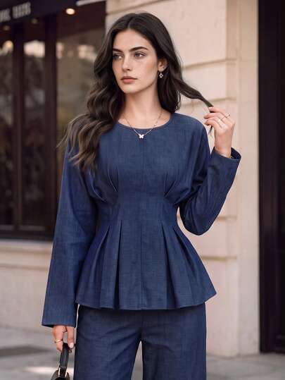 Atasan Wanita Musim Gugur Leher Bulat Berlipit Peplum, Blus Chambray Lengan Panjang Pas Badan