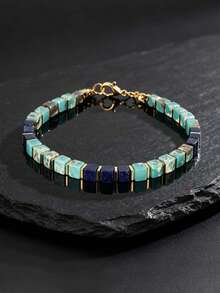 1pc Lapis Lazuli & Shoushan Stone Square Stone Men's Bracelet, Protection & Harmony, Vintage Stackable Crystal Jewelry Git Unisex For All Seasons - Multicolor - View 7