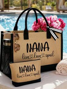 拼色三件式亞麻托特包，印有「Nana」字母，大容量時尚托特包，教堂活動禮物，側邊水瓶網袋，方便放置聖經、筆記本電腦、水瓶、雨傘等，適合生日、教師節、復活節 - 彩色 - 查看 15