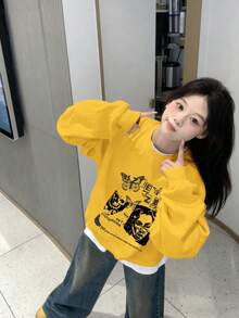 Autumn/Winter American Retro Portrait Letter Print Crew Neck Sweatshirt For Women, Lazy Casual Versatile Loose Fit Top - Yellow - View 4
